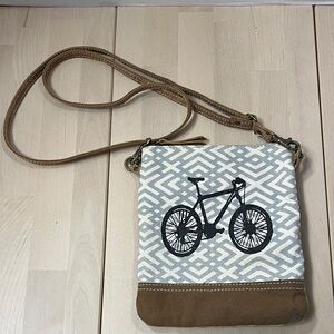 Myra Bag Ivory, Gray & Brown Canvas Shoulder Bag Bicycle Print w/ Leather Trim